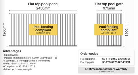 1200mm Aluminium tubular pool fence flat top, certified, CHOICE OF SIZES AND COLOURS