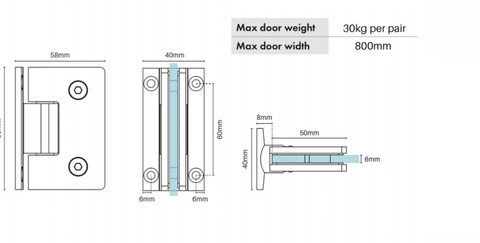 Frameless Shower Door Hinge for 6mm and 8mm Glass