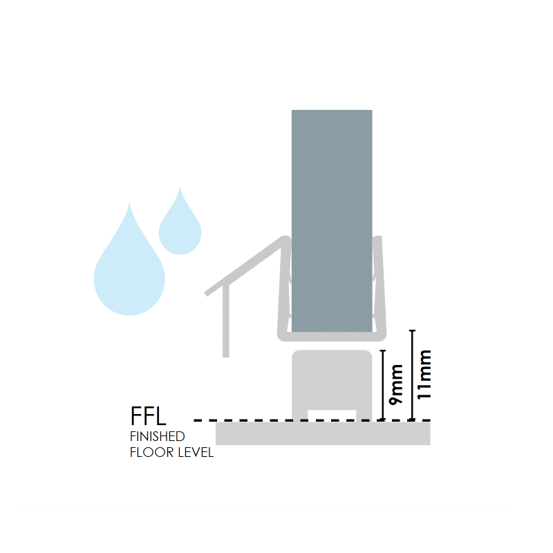 Frameless shower aluminium square water bar, floor seal - Pearl Satin / Matt Chrome