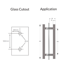 H TYPE door handle, double sided, 600X32 500mm CTC Glass, Timber or Aluminium Doors