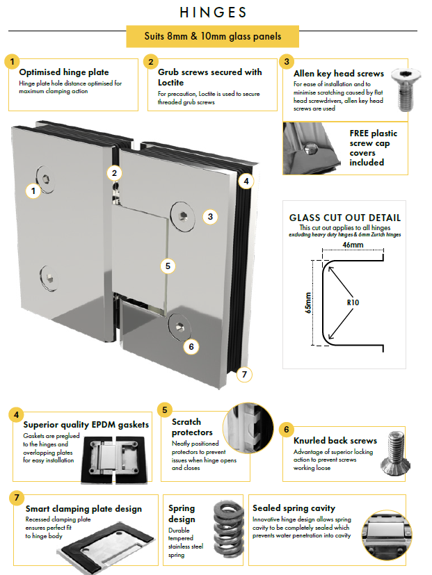 Offset wall to glass frameless shower screen hinge, gunmetal grey, black, white, brushed brass / gold, chrome