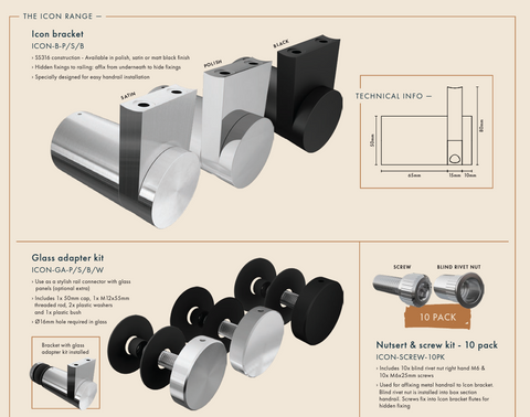 ICON Handrail Bracket Kit, Matt Black, Polish, Satin & White