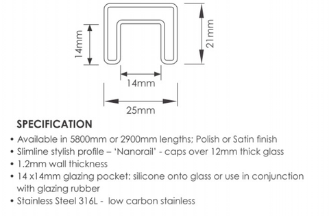 Nanorail Handrail, Stainless Steel, 25 x 21mm , Capping rail